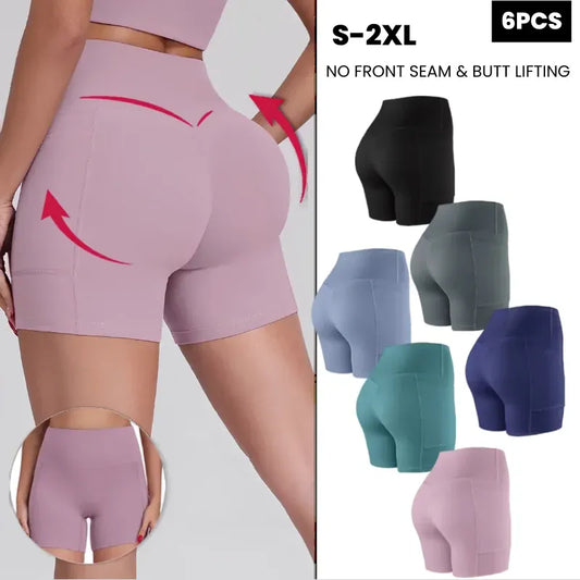 6-PACK Tummy Control & Butt Lifting Shorts S-2XL - 2026 No Front Seam 5'' Yoga Shorts with Pockets Elastic Waistband Gym Running Daily Wear