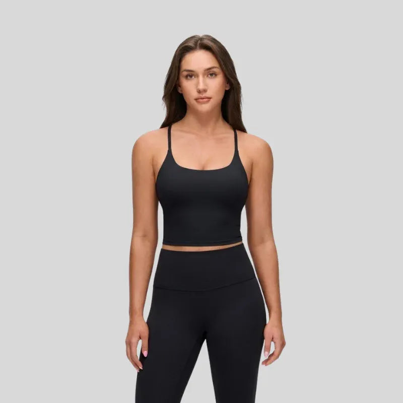YOGA Butterluxe Twist Cross Back Crop Tank Tops for Women - Padded Adjustable Straps