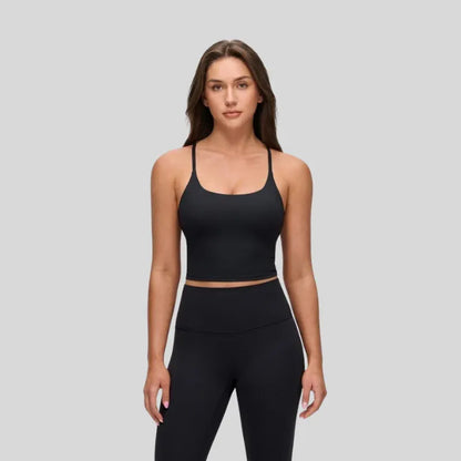 YOGA Butterluxe Twist Cross Back Crop Tank Tops for Women - Padded Adjustable Straps