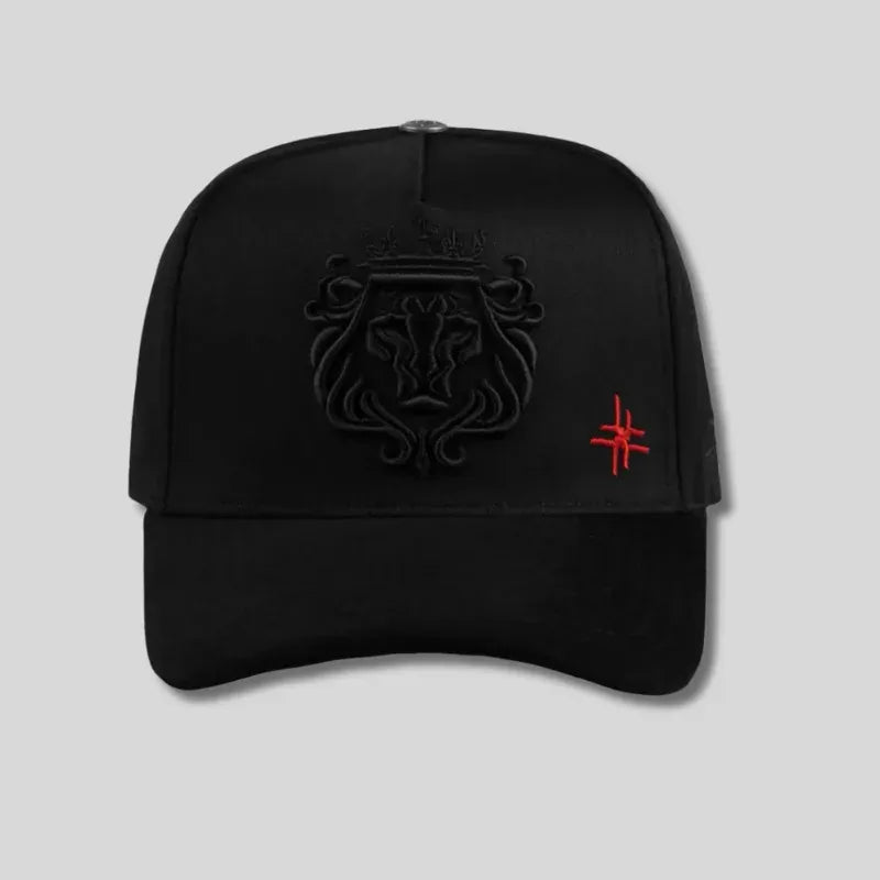 Black Snapback Cap with Lion Crest and Red Logo