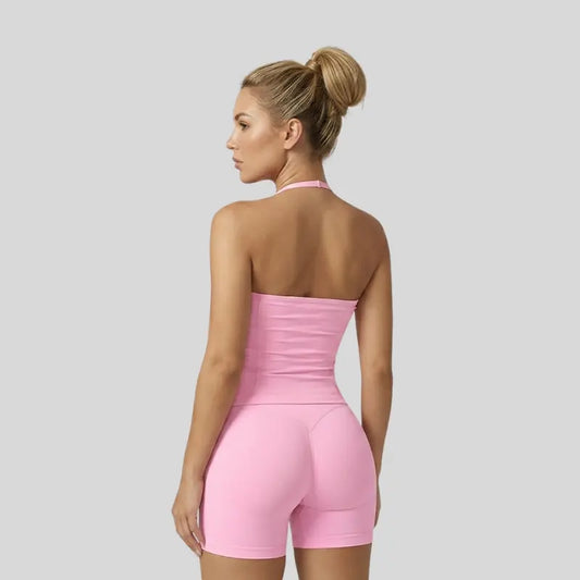 JGS1996 Two-Piece Sports Sets for Women Solid Seamless Halter Tank Top with High Waist Shorts Set for Yoga Fitness Gym Workout Running Breathable & Comfortable Activewear Summer