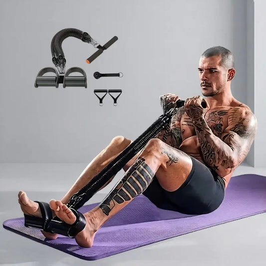 A Set Of Adjustable Resistance Tension Bands With Foot Pedals
