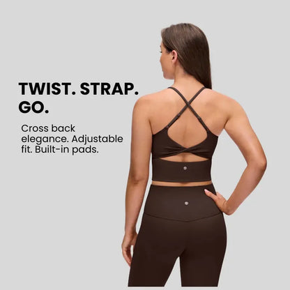 YOGA Butterluxe Twist Cross Back Crop Tank Tops for Women - Padded Adjustable Straps