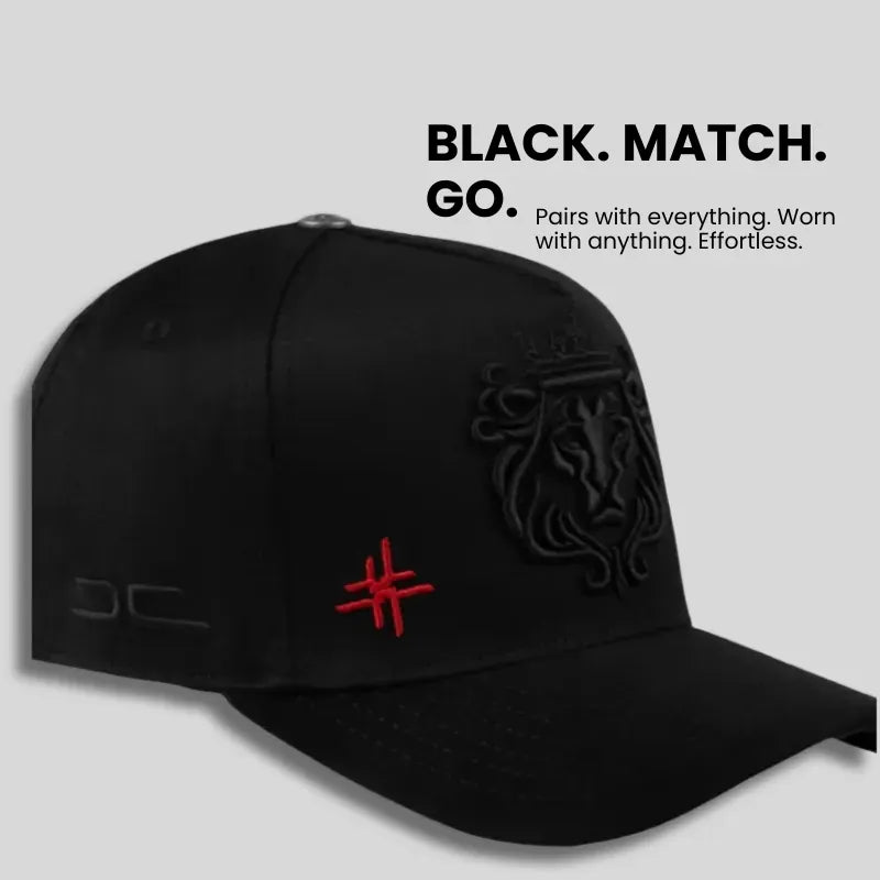 Black Snapback Cap with Lion Crest and Red Logo