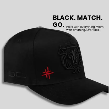 Black Snapback Cap with Lion Crest and Red Logo