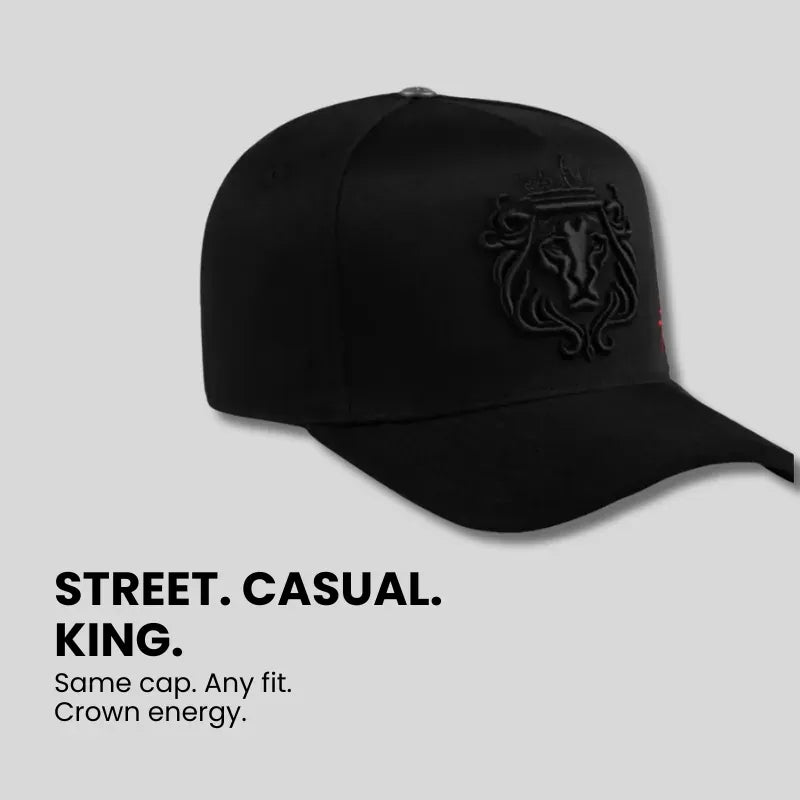 Black Snapback Cap with Lion Crest and Red Logo