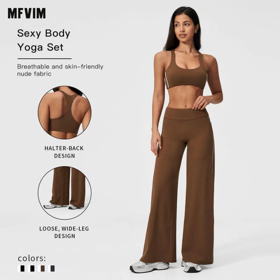 MFVIM Women’S Two-Piece Set Featuring a Racerback Bra and High-Waisted Striped Straight Pants, Suitable for Outdoor Running and Cycling, Gym Workouts, Yoga, and Pilates.
