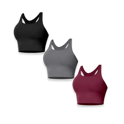 Racerback Crop Tank Top - Scoop Neck Built-In Shelf Bra with Removable Pads
