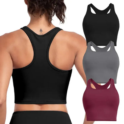 Racerback Crop Tank Top - Scoop Neck Built-In Shelf Bra with Removable Pads
