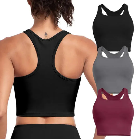 Racerback Crop Tank Top - Scoop Neck Built-In Shelf Bra with Removable Pads