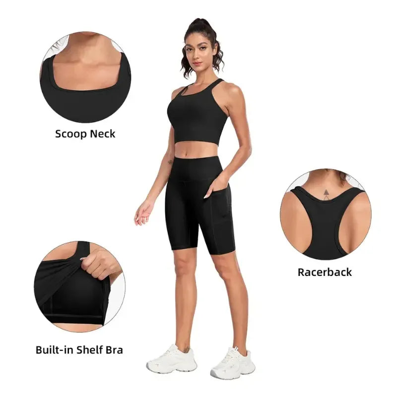 Racerback Crop Tank Top - Scoop Neck Built-In Shelf Bra with Removable Pads