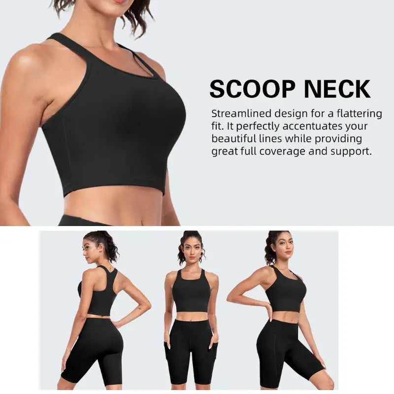 Racerback Crop Tank Top - Scoop Neck Built-In Shelf Bra with Removable Pads