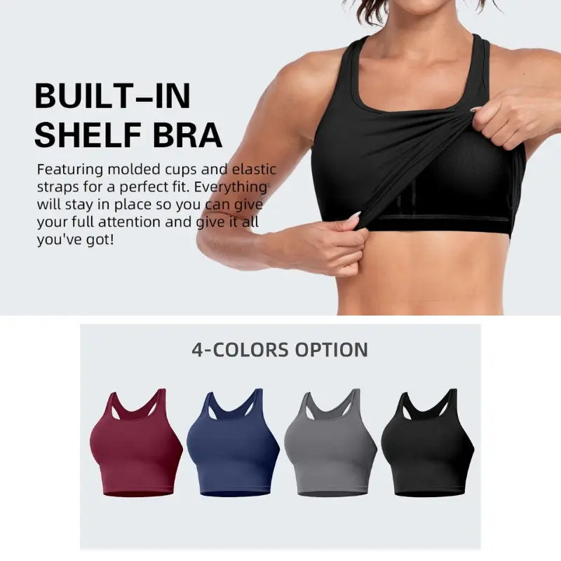Racerback Crop Tank Top - Scoop Neck Built-In Shelf Bra with Removable Pads