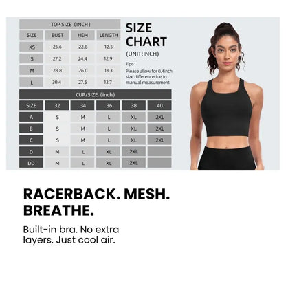 Racerback Crop Tank Top - Scoop Neck Built-In Shelf Bra with Removable Pads