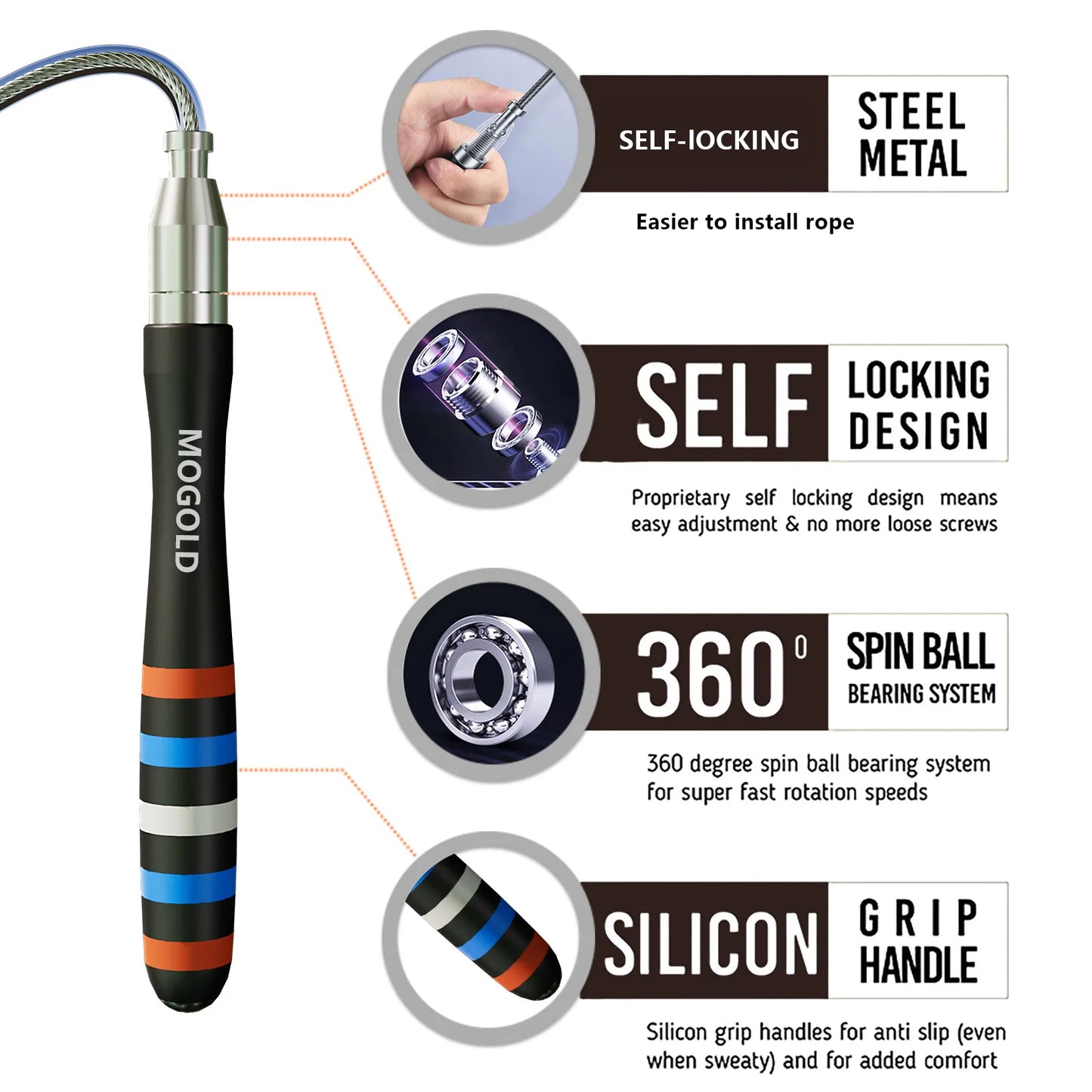 MOGOLD Professional Self-locking Jump Rope Dual-bearing Speed Skating Freely Adjustable Steel Wire Rope