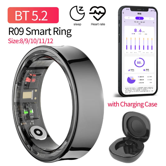 R09 Smart Ring Waterproof 5ATM Health Fitness Rings Heart Rate Blood Oxygen Sleep Monitoring with Charging Case for IOS Android