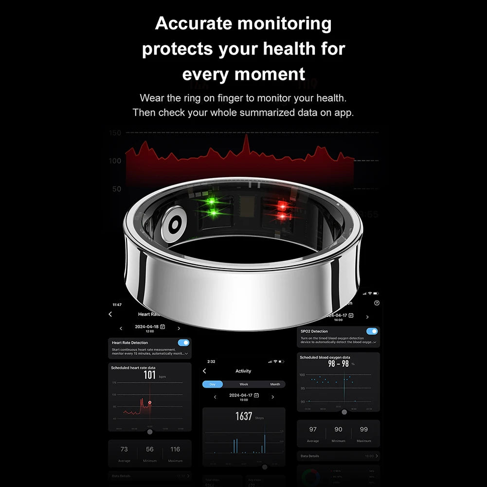 R09 Smart Ring Waterproof 5ATM Health Fitness Rings Heart Rate Blood Oxygen Sleep Monitoring with Charging Case for IOS Android