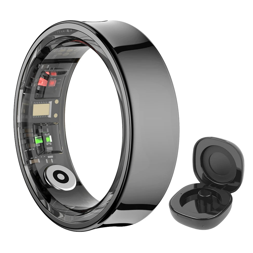 R09 Smart Ring Waterproof 5ATM Health Fitness Rings Heart Rate Blood Oxygen Sleep Monitoring with Charging Case for IOS Android
