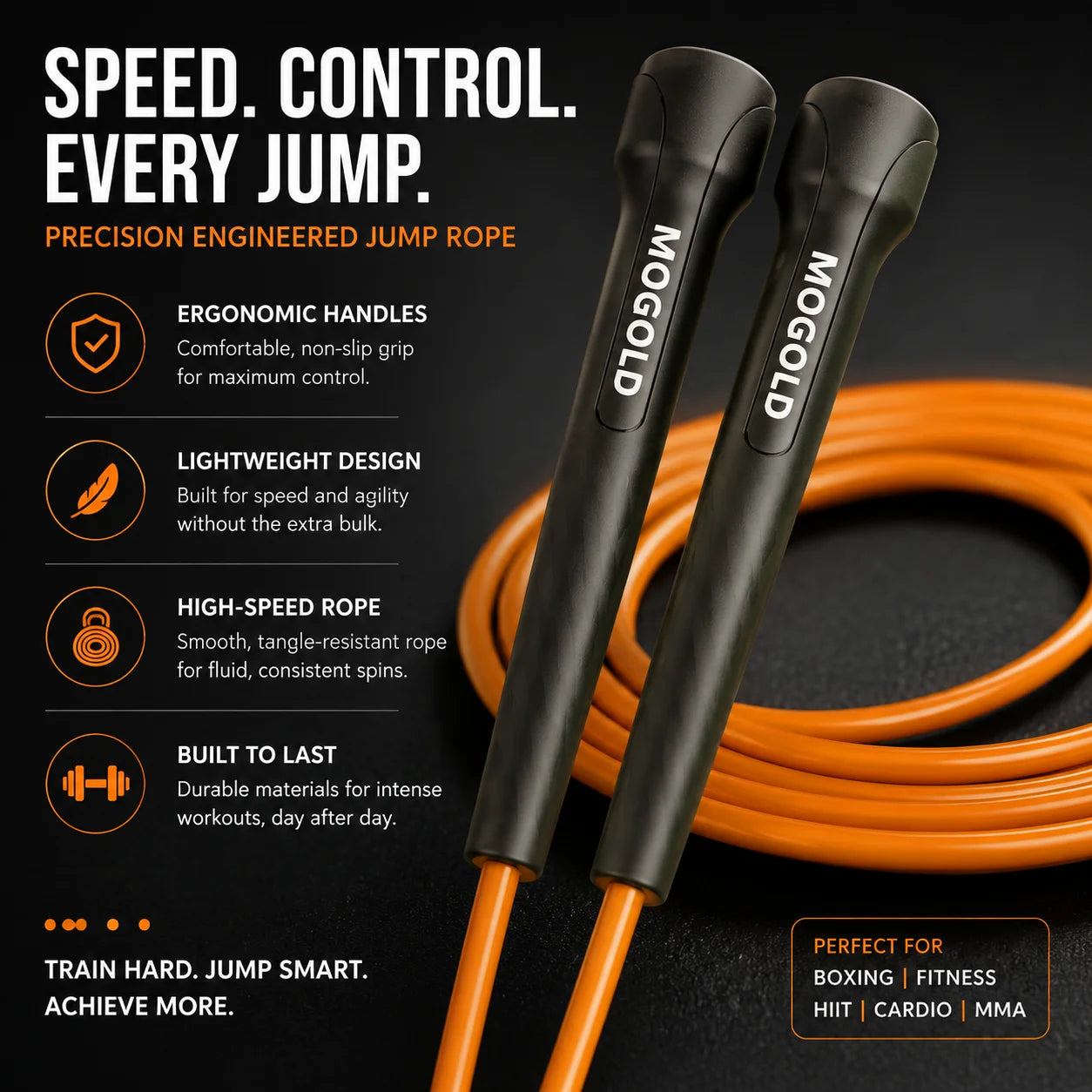MOGOLD Speed Jump Rope – Lightweight Anti-Slip PVC Rope + Impact-Resistant PP Handles, Quick Length Adjustment for Boxing, HIIT