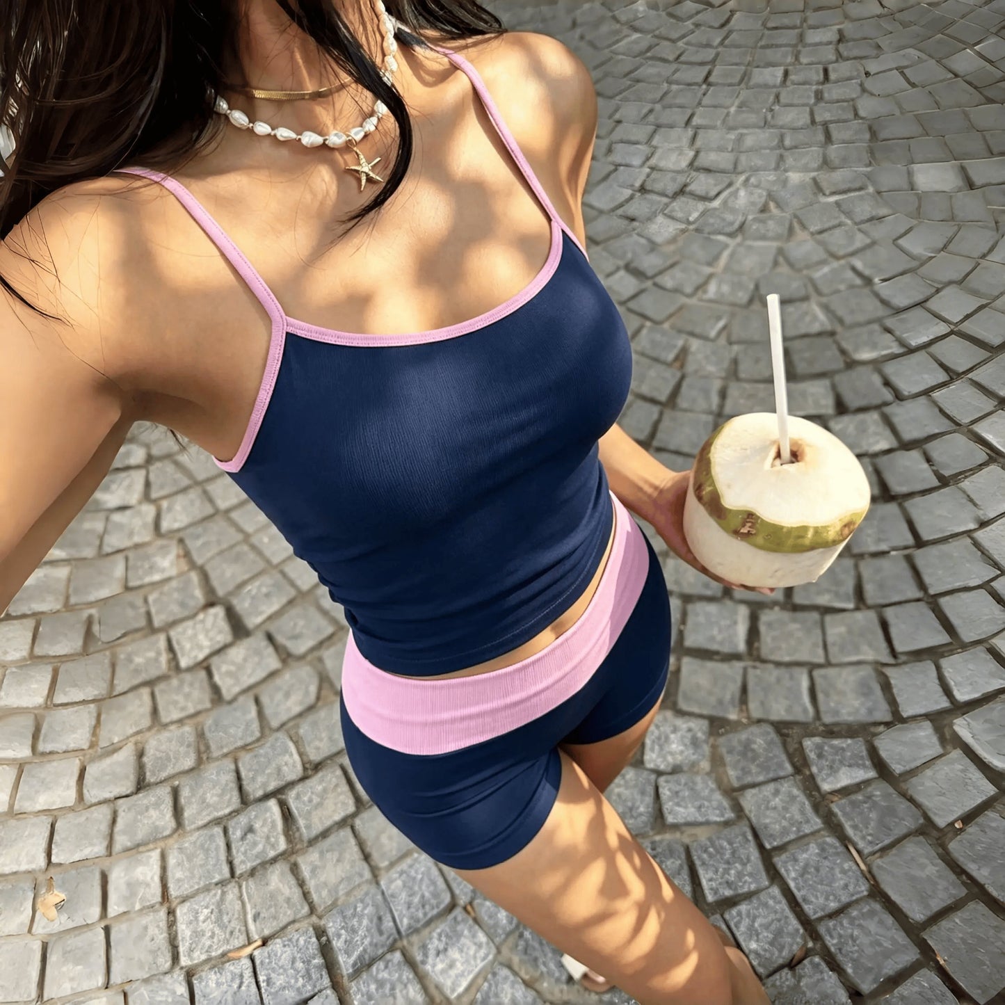 TCVC Navy & Pink Contrast Trim 2-Piece Workout Set, Ribbed Cami Tank Top + High Waisted Biker Shorts, Seamless Tummy Control Gym Outfit for Women