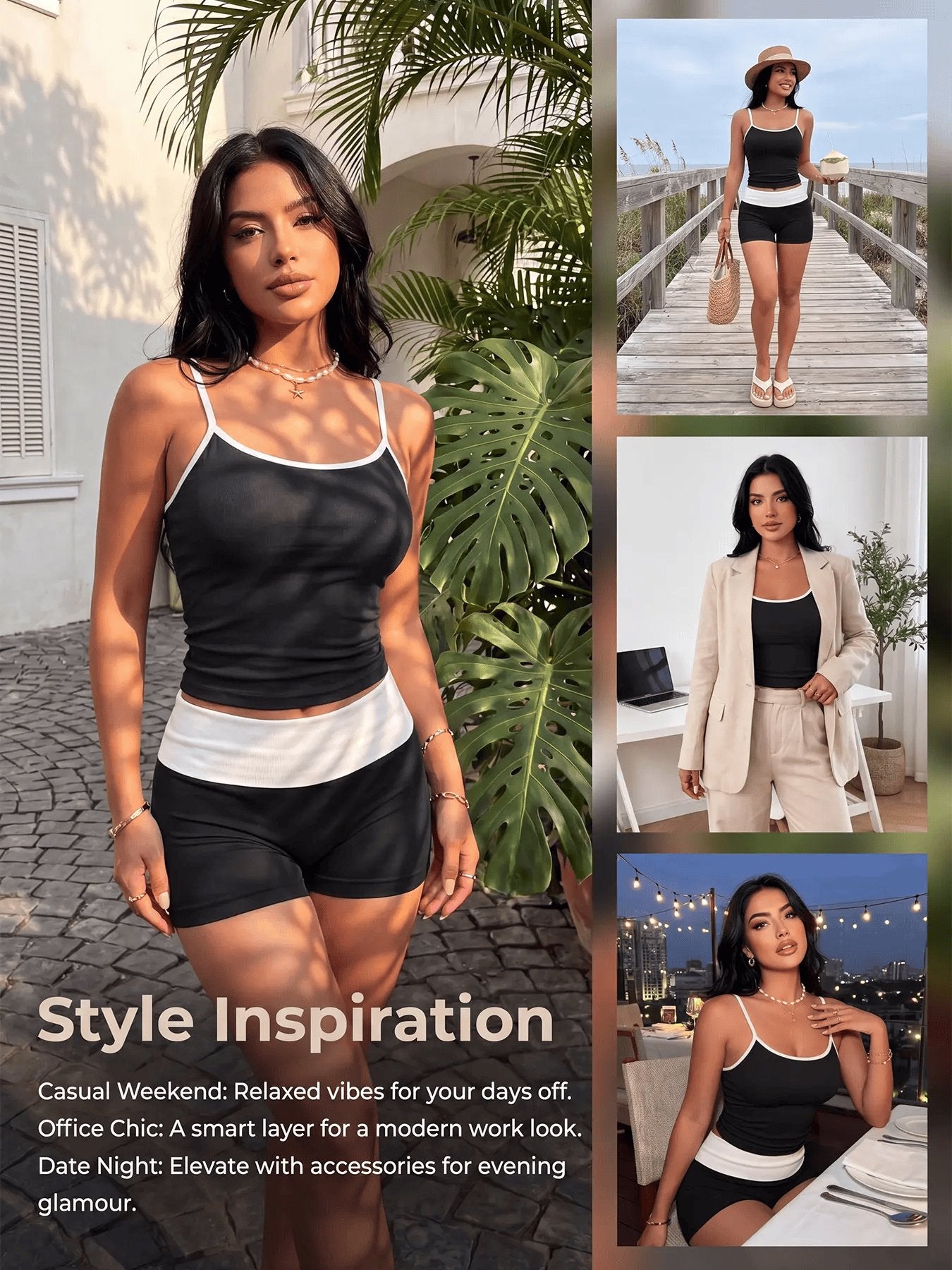 TCVC Navy & Pink Contrast Trim 2-Piece Workout Set, Ribbed Cami Tank Top + High Waisted Biker Shorts, Seamless Tummy Control Gym Outfit for Women
