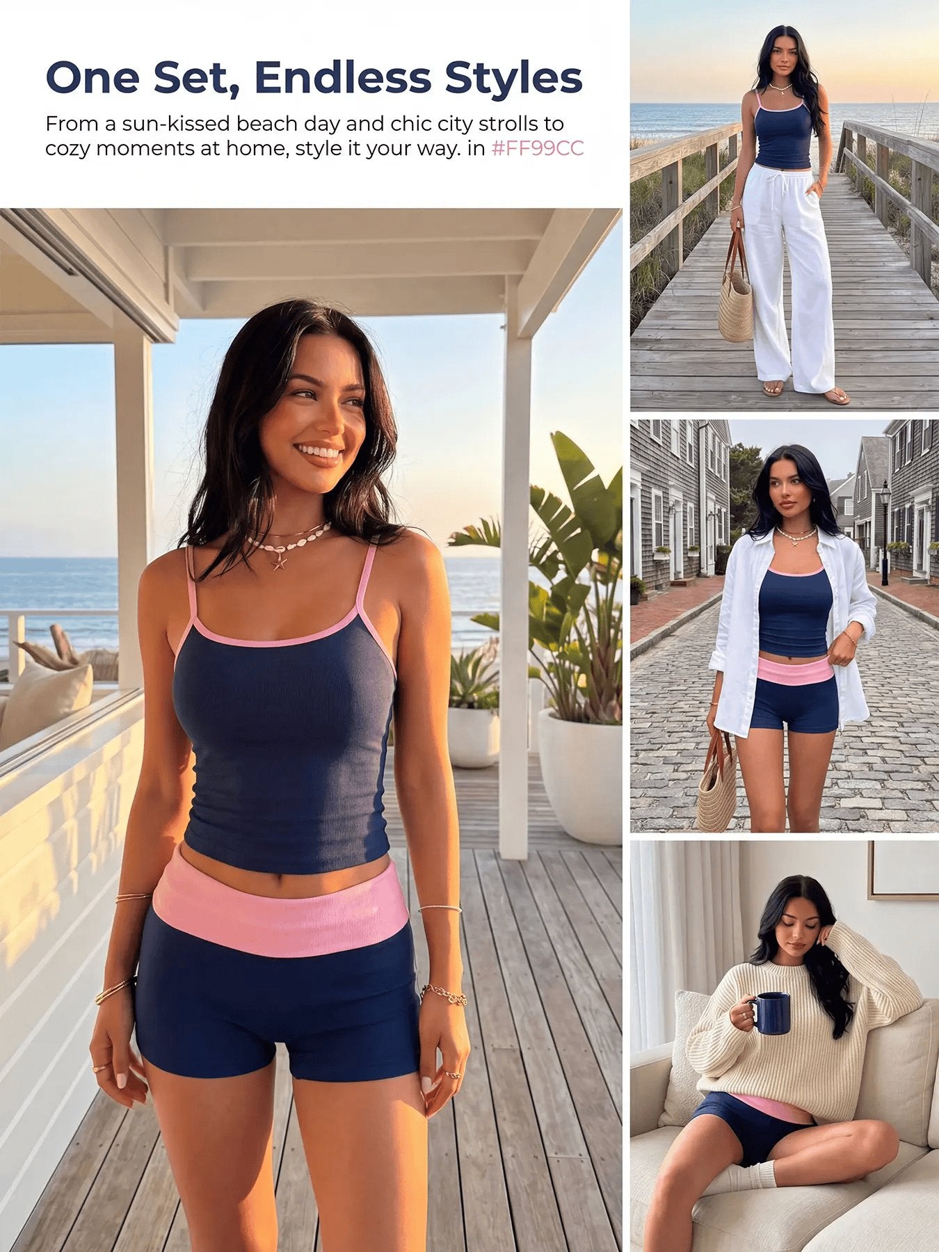 TCVC Navy & Pink Contrast Trim 2-Piece Workout Set, Ribbed Cami Tank Top + High Waisted Biker Shorts, Seamless Tummy Control Gym Outfit for Women