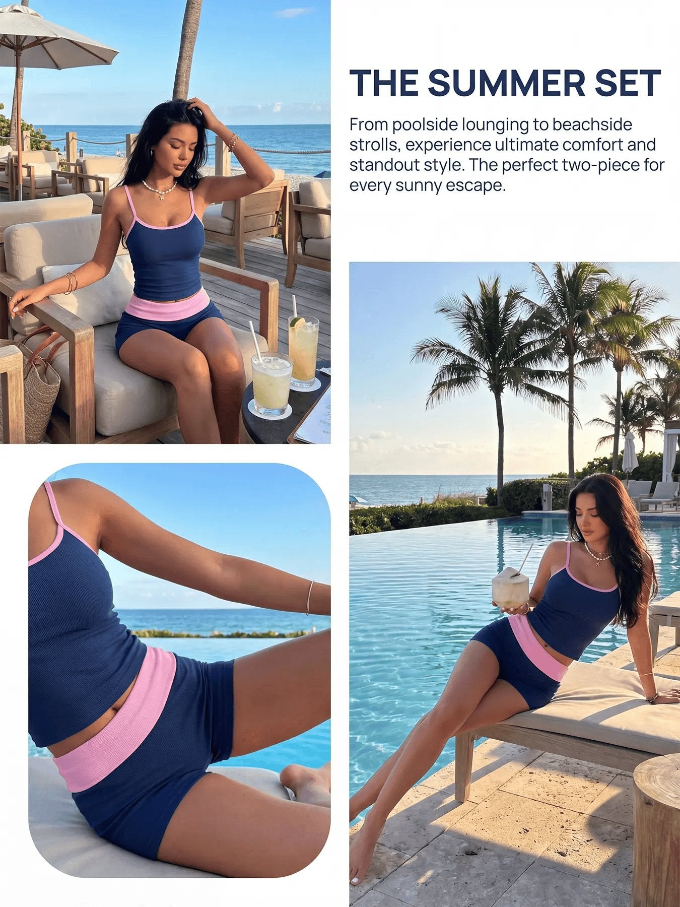 TCVC Navy & Pink Contrast Trim 2-Piece Workout Set, Ribbed Cami Tank Top + High Waisted Biker Shorts, Seamless Tummy Control Gym Outfit for Women
